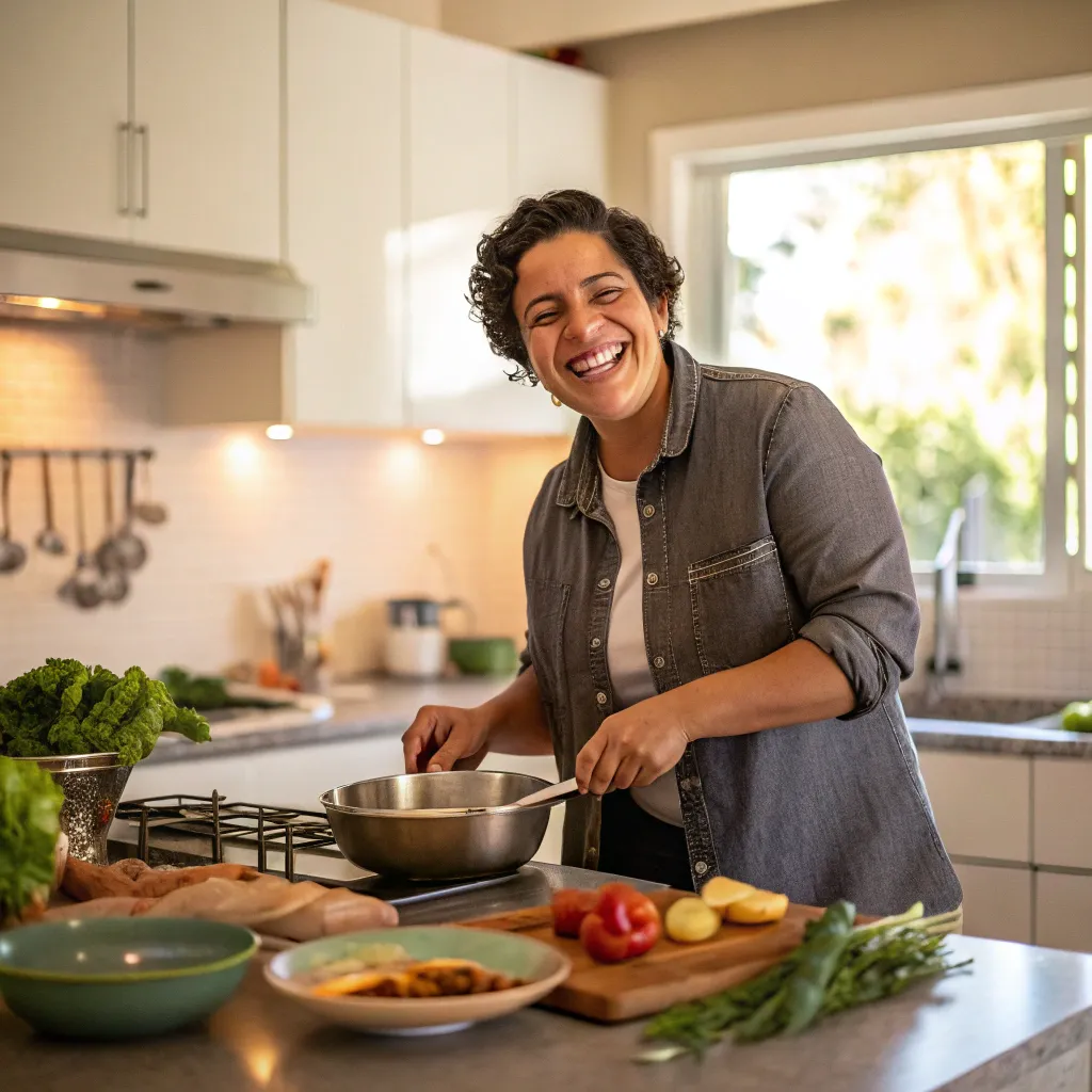 A happy participant in a kitchen setting